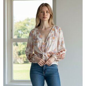 Free People Run Free Tunic Blouse Top Ivory Womens Size L Floral Boho Festival